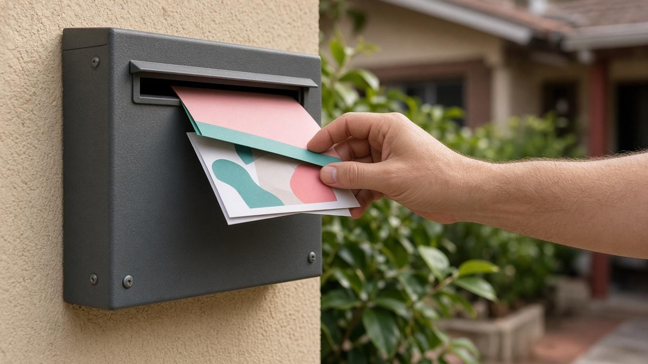 Mão retirando um envelope colorido e um cartão postal de uma caixa de correio residencial
